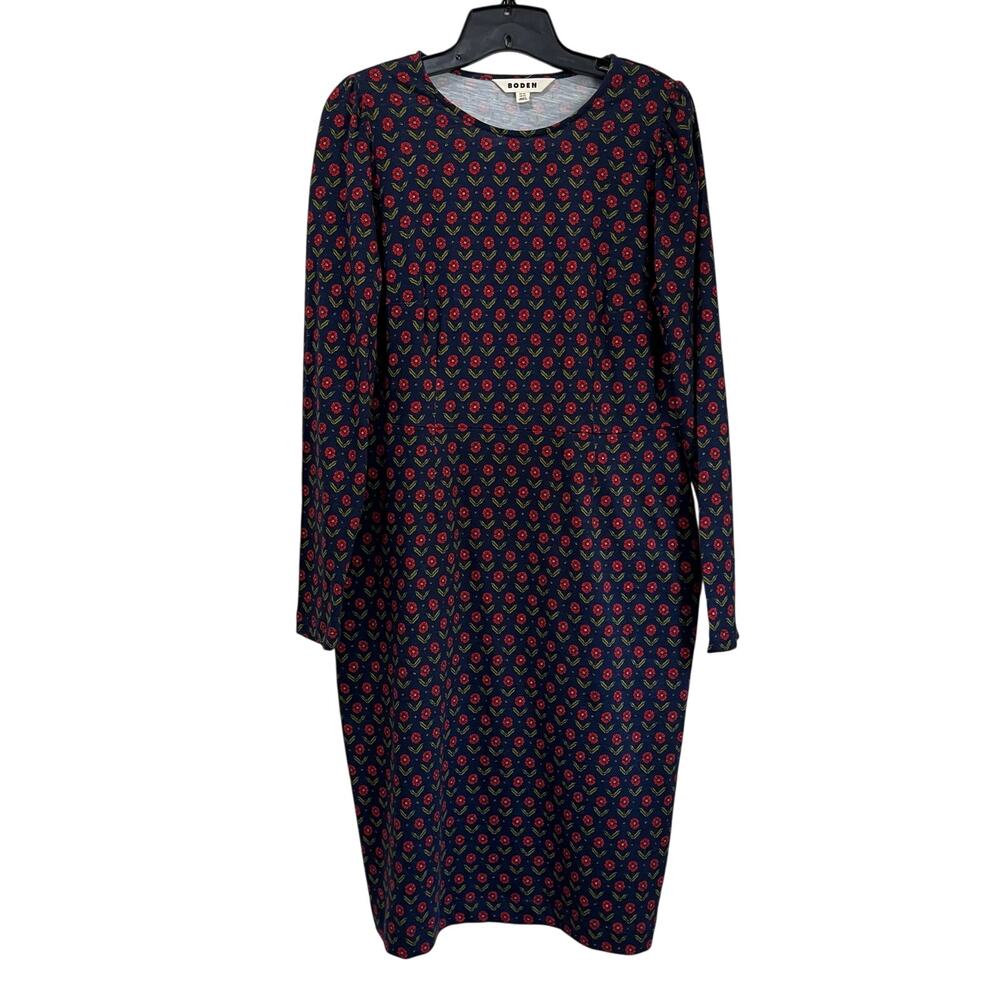 Boden Navy Red Floral Long Sleeve Cotton Midi Dress Pockets Casual Work Sz 10 L‎